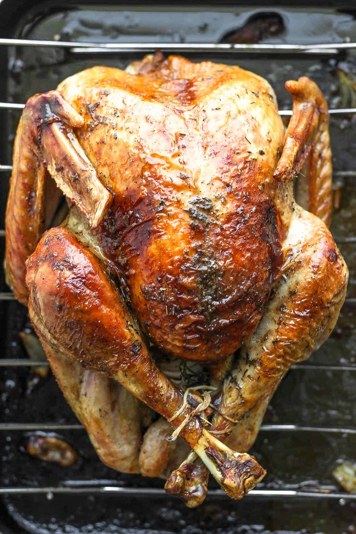 A dry brined turkey that has been roasted in the oven.
