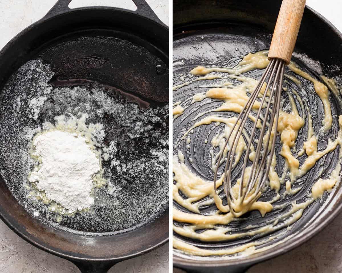 Two images showing the flour added to the melted butter and then the drippings being whisked in.