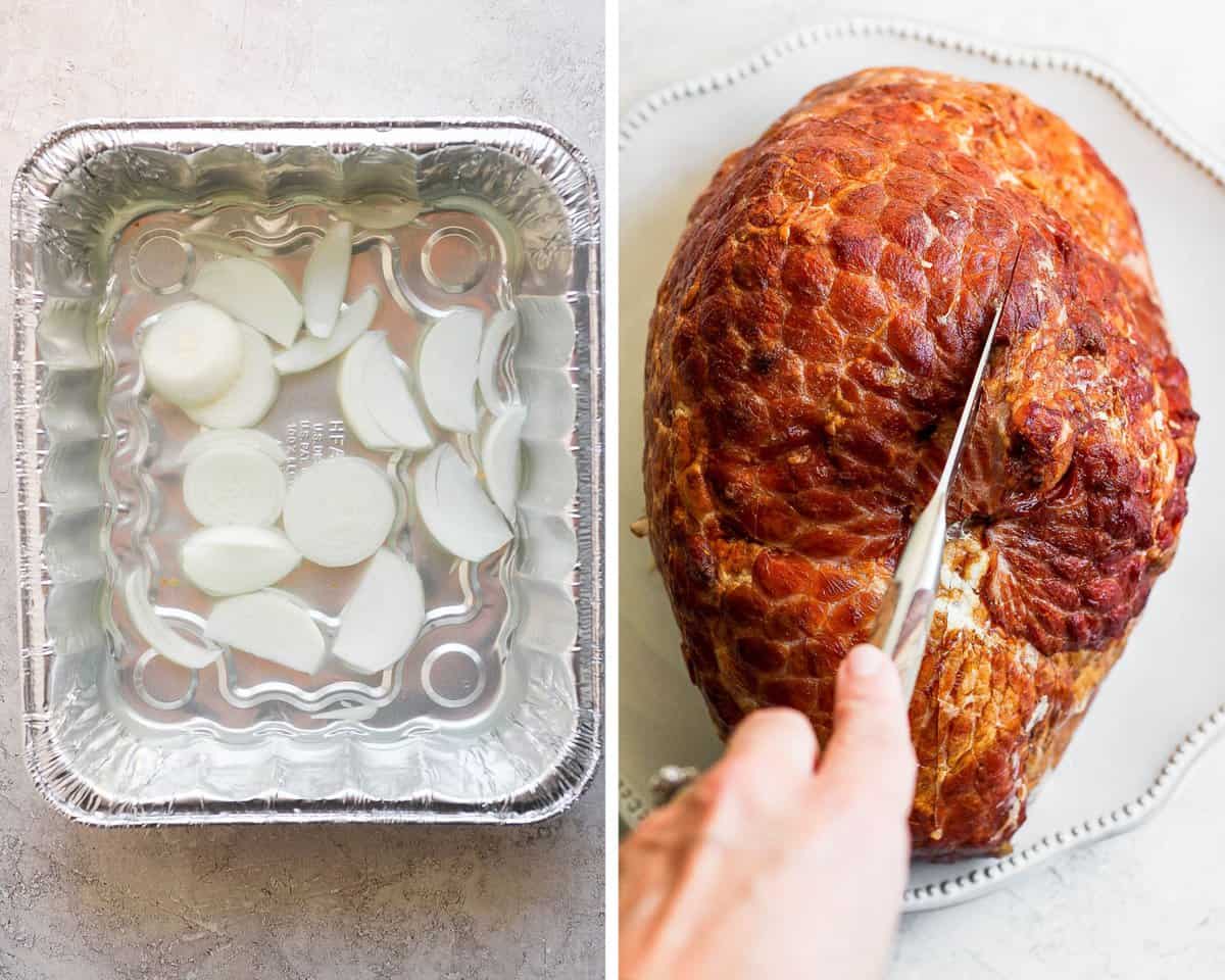 Two images showing the prepared roasting pan and the ham being scored by a knife on a plate.