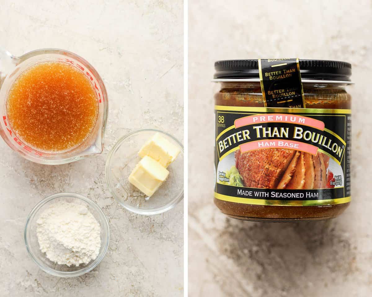 Two images showing the ingredients for ham gravy and a jar of Better Than Bouillon ham base.