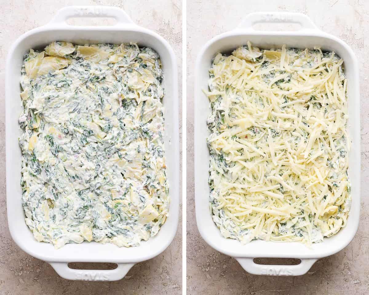 Two images showing the dip spread into a shallow, white baking dish and then with fresh cheese sprinkled on top.