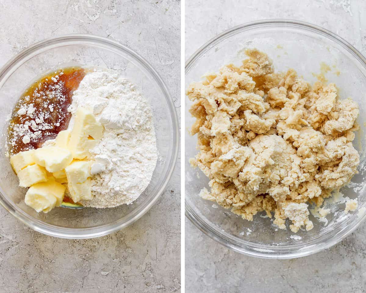 Two images showing the shortbread filling ingredients in a glass bowl and then mixed together.