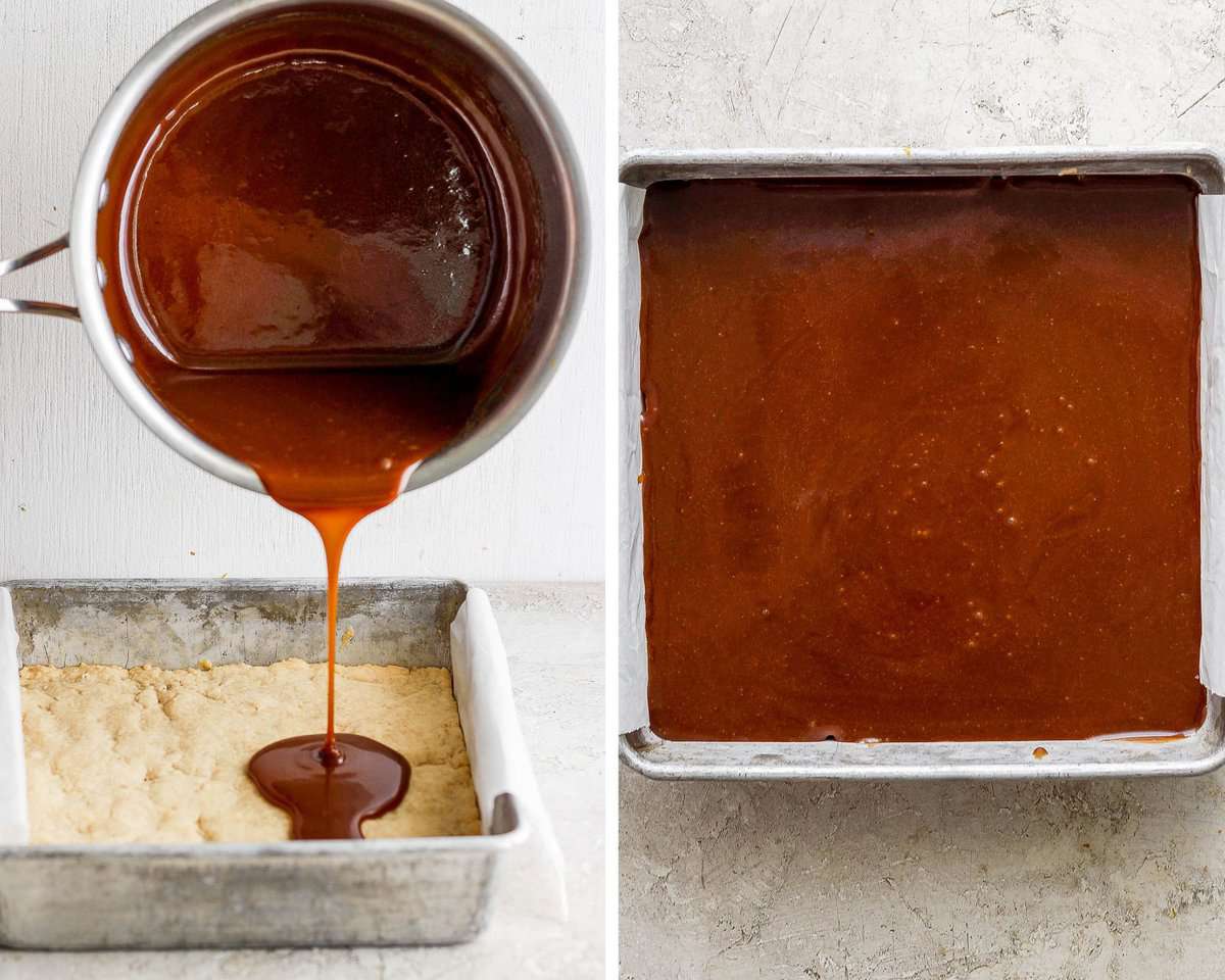 Two images showing the caramel being poured on the shortbread filling and then the shortbread fully coated with caramel sauce.