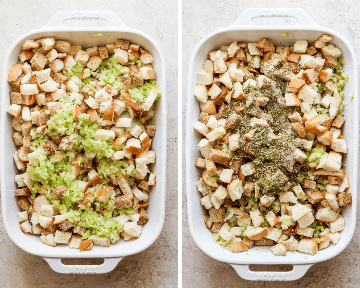 Two images showing the dried bread cubes in a white baking dish with the garlic, onion, and celery on top and then the seasoning mixture on top.
