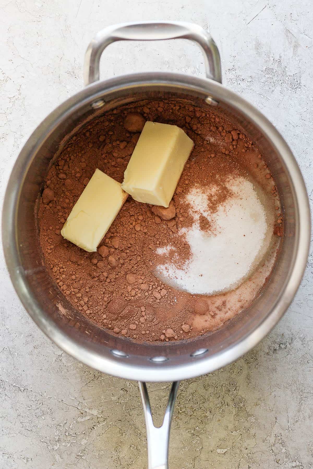 Milk, butter, and cocoa powder in a sauce pan.