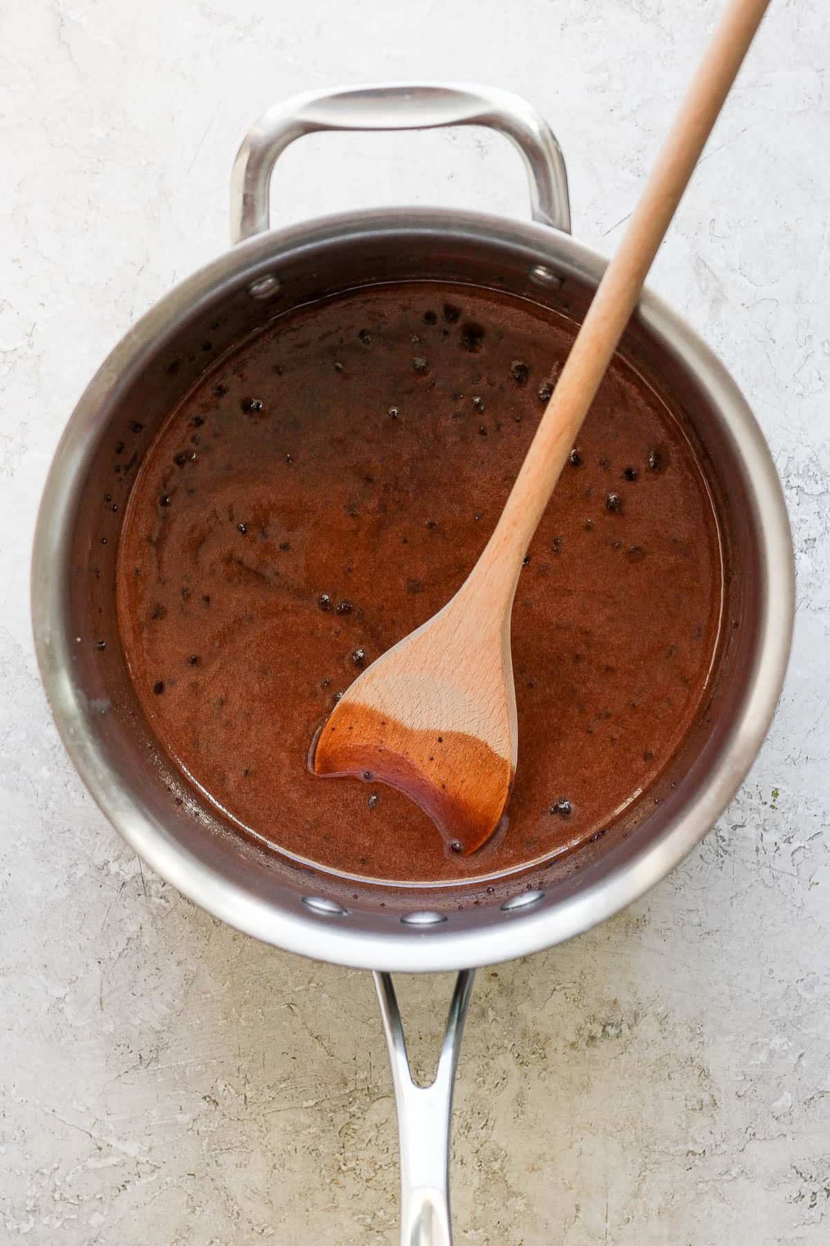 Milk, butter, and cocoa powder melted together in a sauce pan.