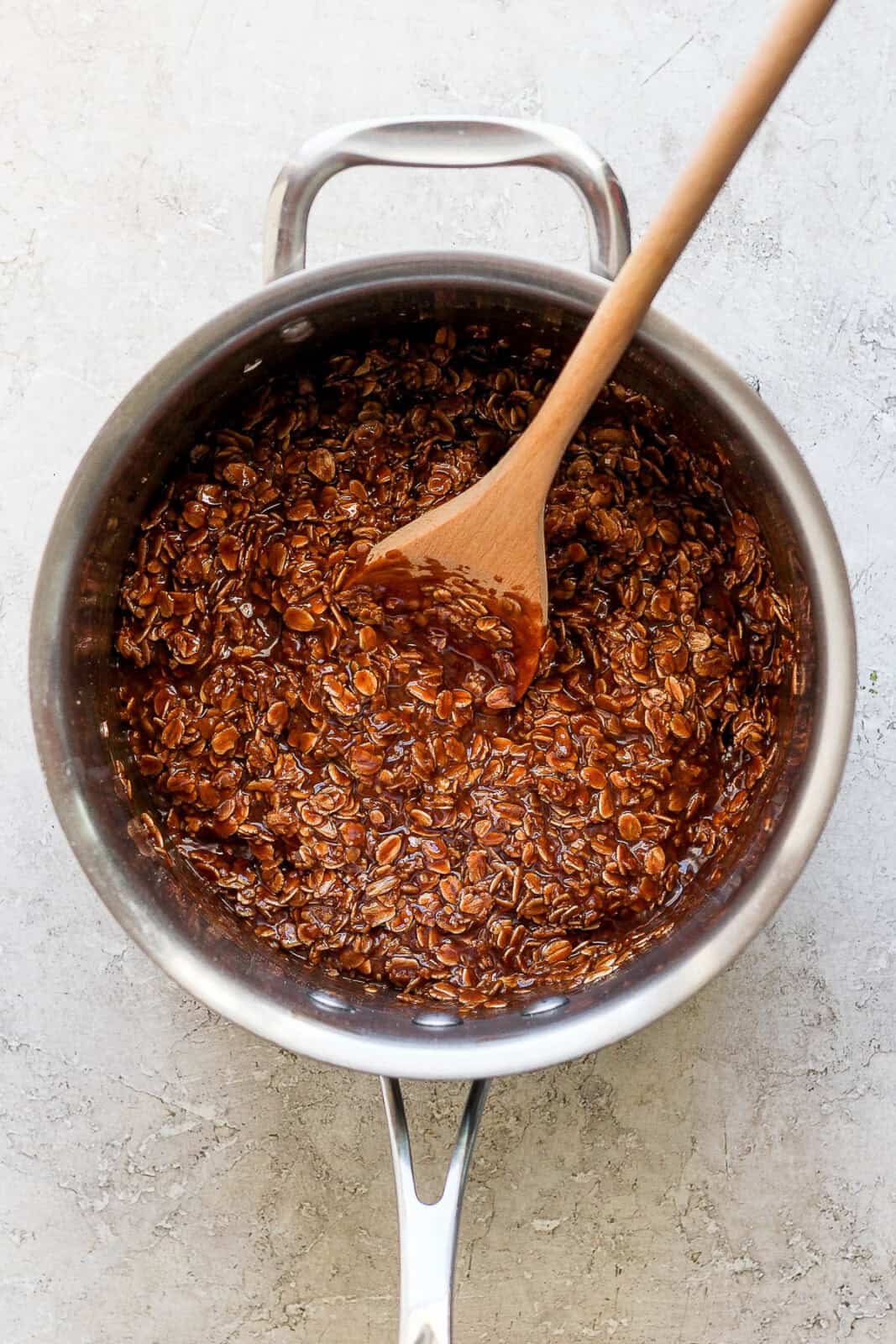 No Bake Chocolate Peanut Butter Oatmeal Cookie mixture in a sauce pan.