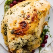A bone-in slow cooker turkey breast on a white platter with cranberries and fresh herbs for garnish.