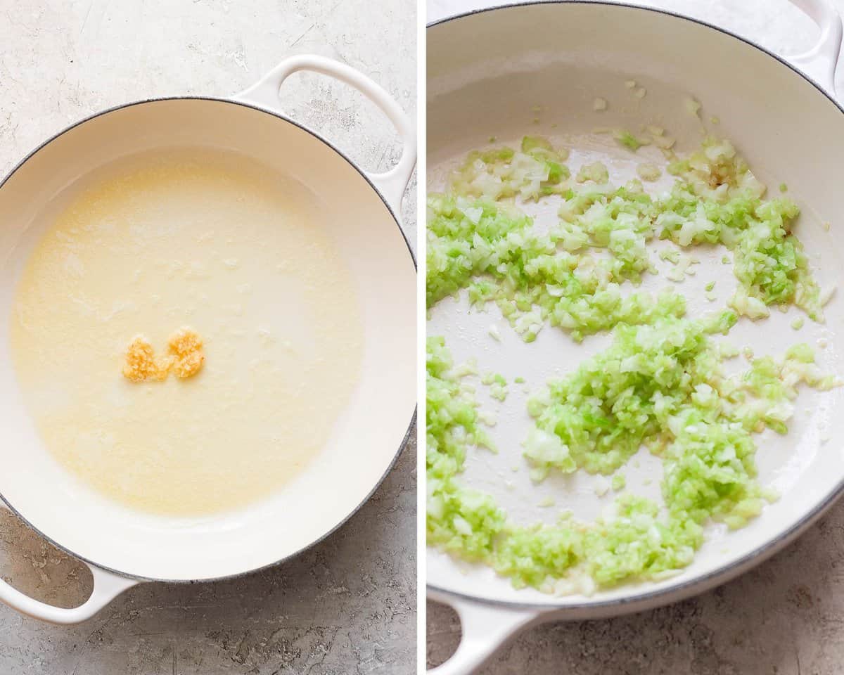 A braiser with butter and minced garlic.  A braiser with butter, minced garlic, and chopped onion and celery.