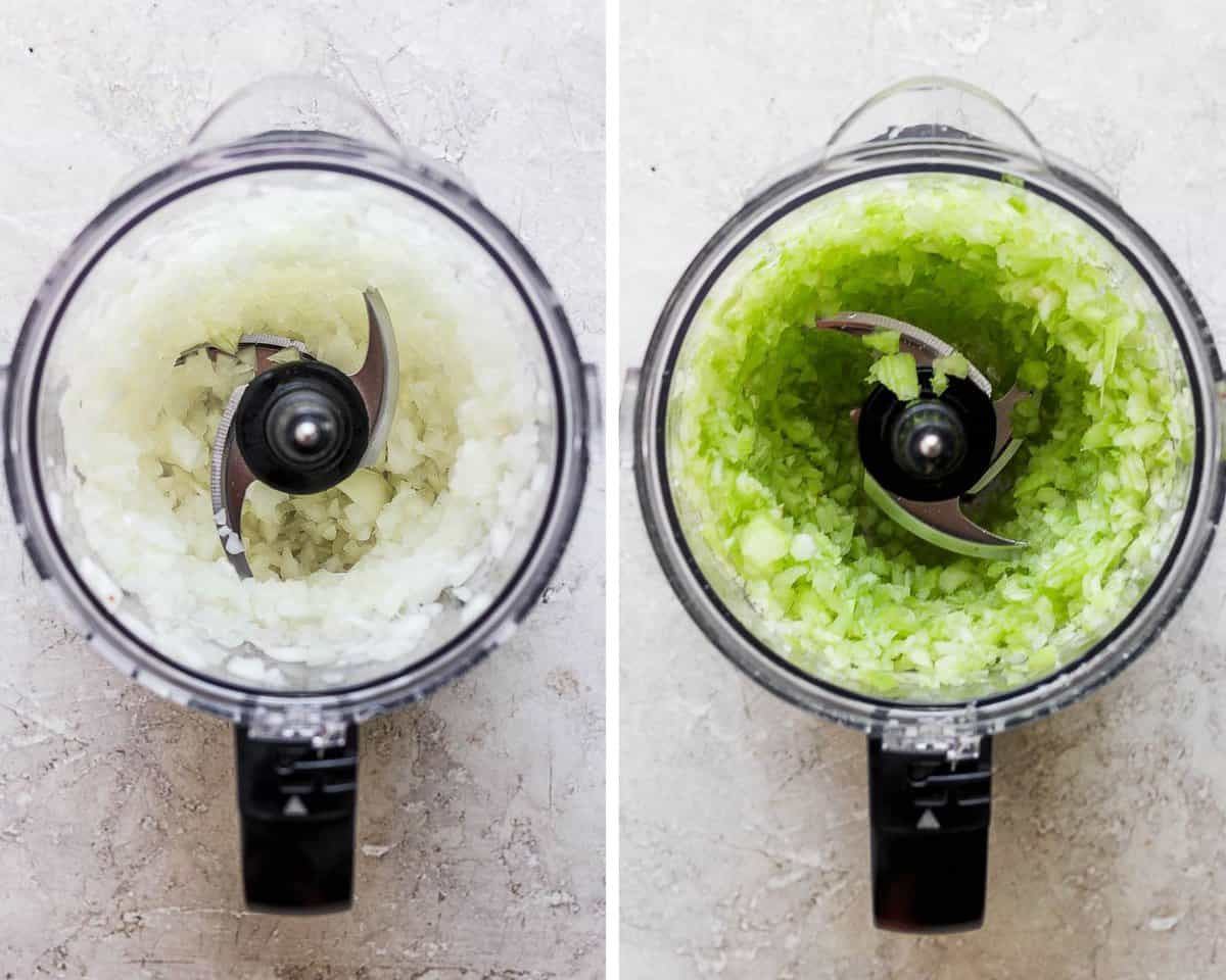 A food processor with minced onion and a food processor with minced celery.