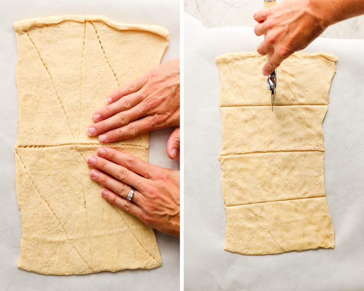 A flattened out roll of crescent roll dough with hands pressing the seams together.  A hand holding a pizza cutter and cutting the dough into 12 squares.