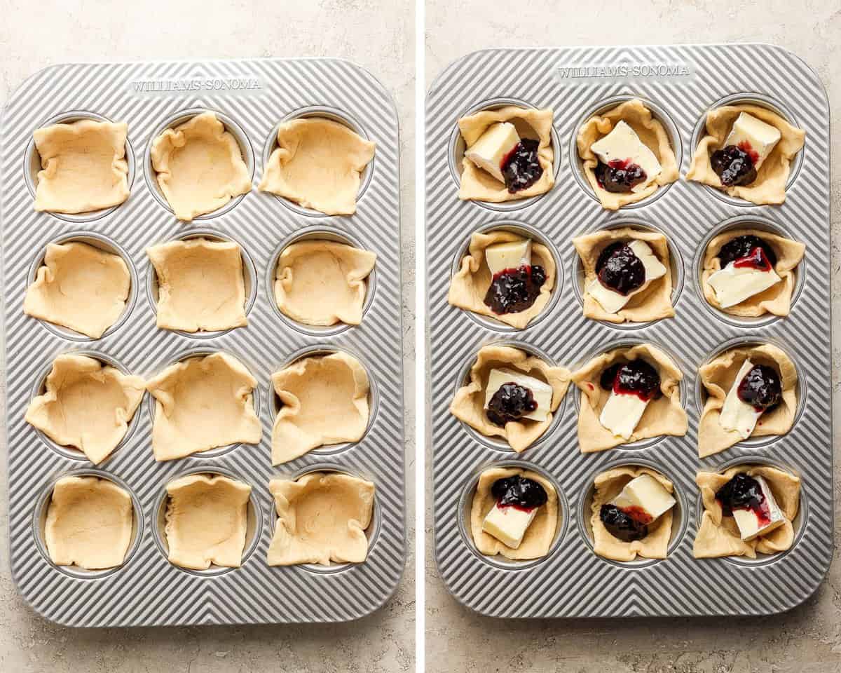 Crescent roll dough squares pressed into a muffin tin topped with a wedge of cheese and jam.