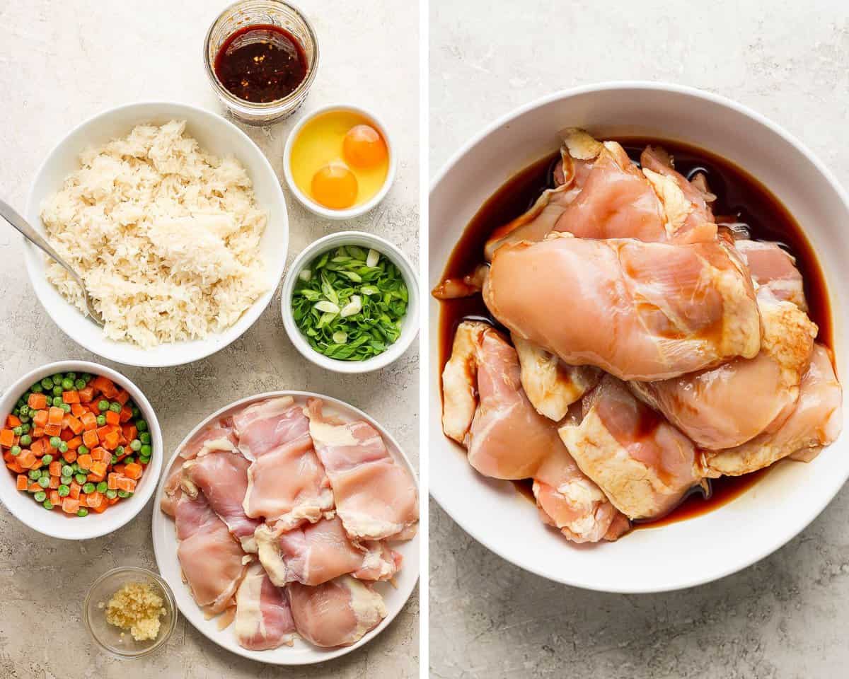 Two images showing the ingredients for chicken fried rice in bowls and one large bowl with the chicken marinating in soy sauce.