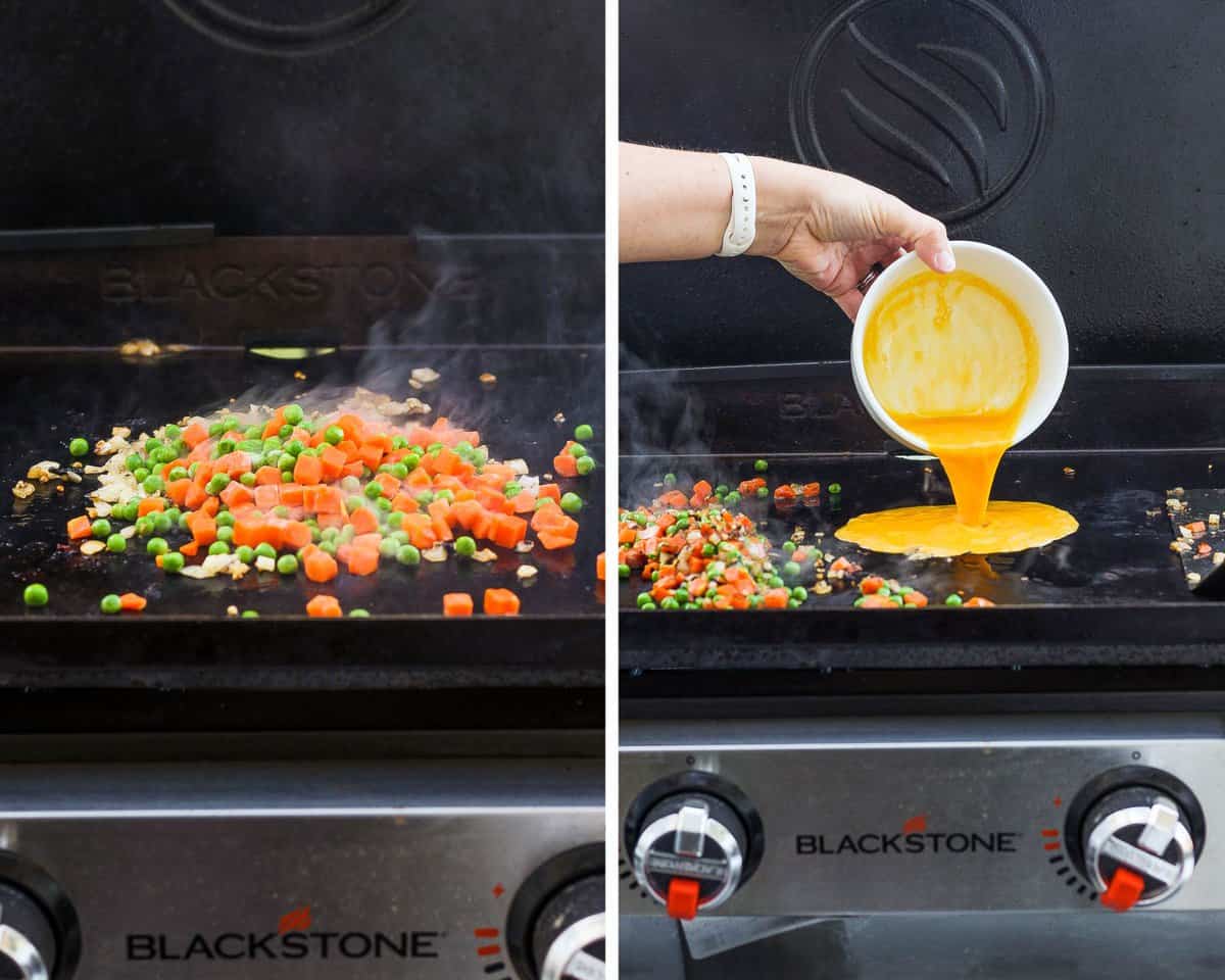 Two images showing the frozen peas and carrots added to the cooked garlic and onion and the whisked eggs being poured on the cook top.
