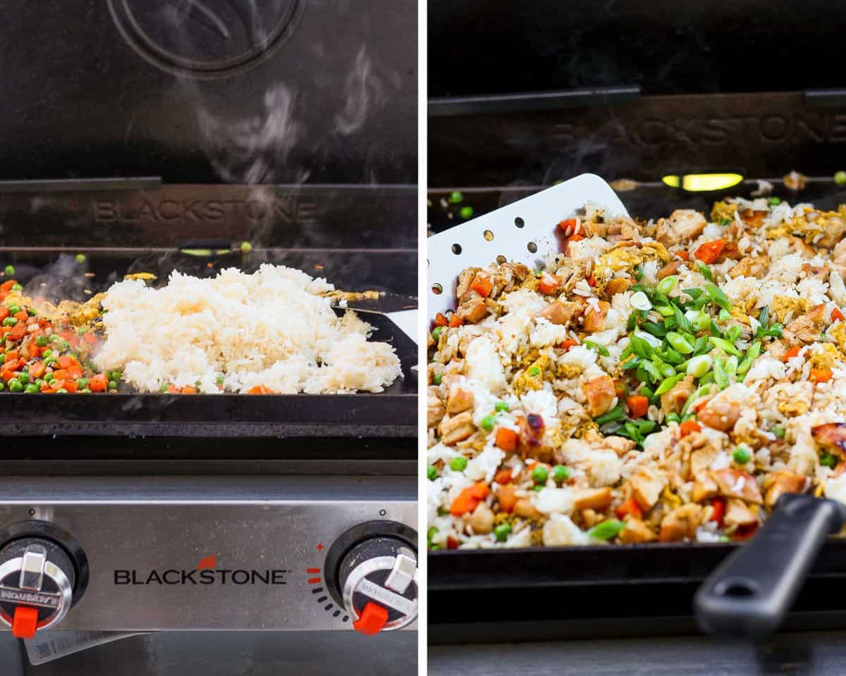 Two images showing the rice added and then spatulas mixing everything together.