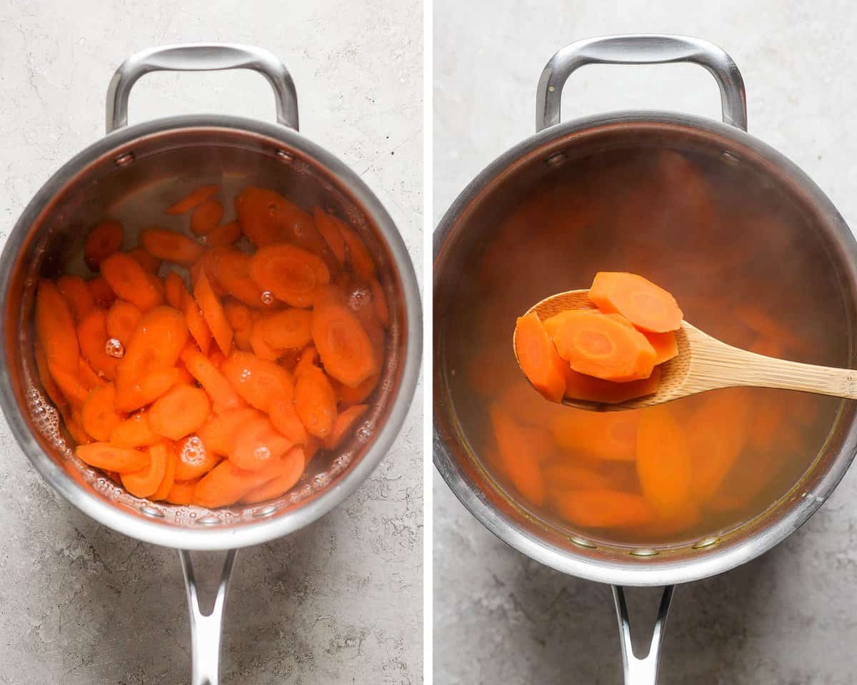 Carrots in a sauce pan filled with boiling water.