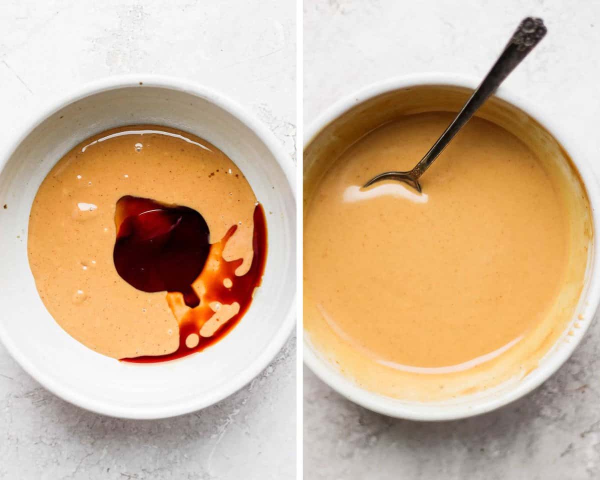 Two images showing the peanut sauce ingredients in a white bowl before mixing and after.