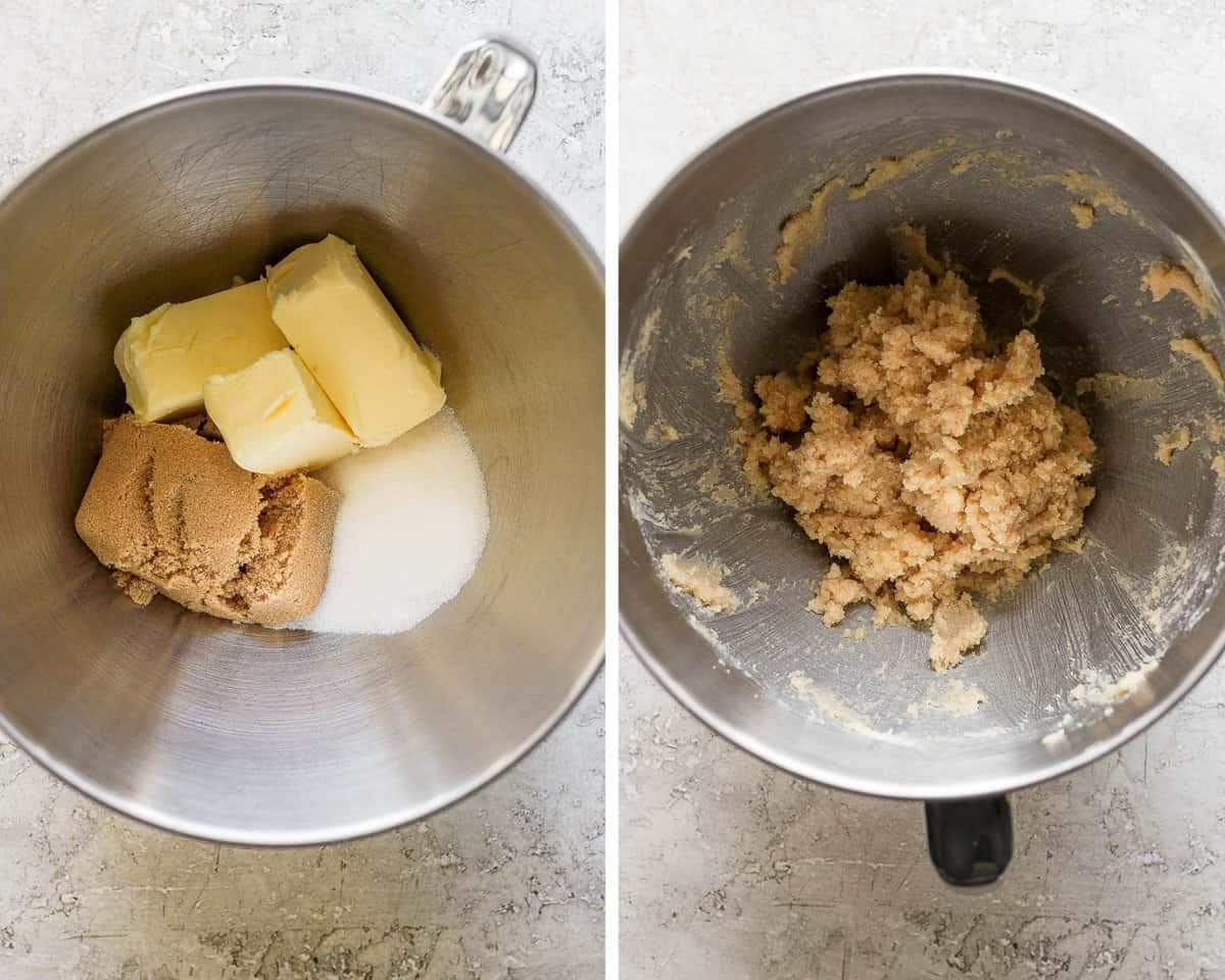 Butter and sugars blended together in a stand mixer.
