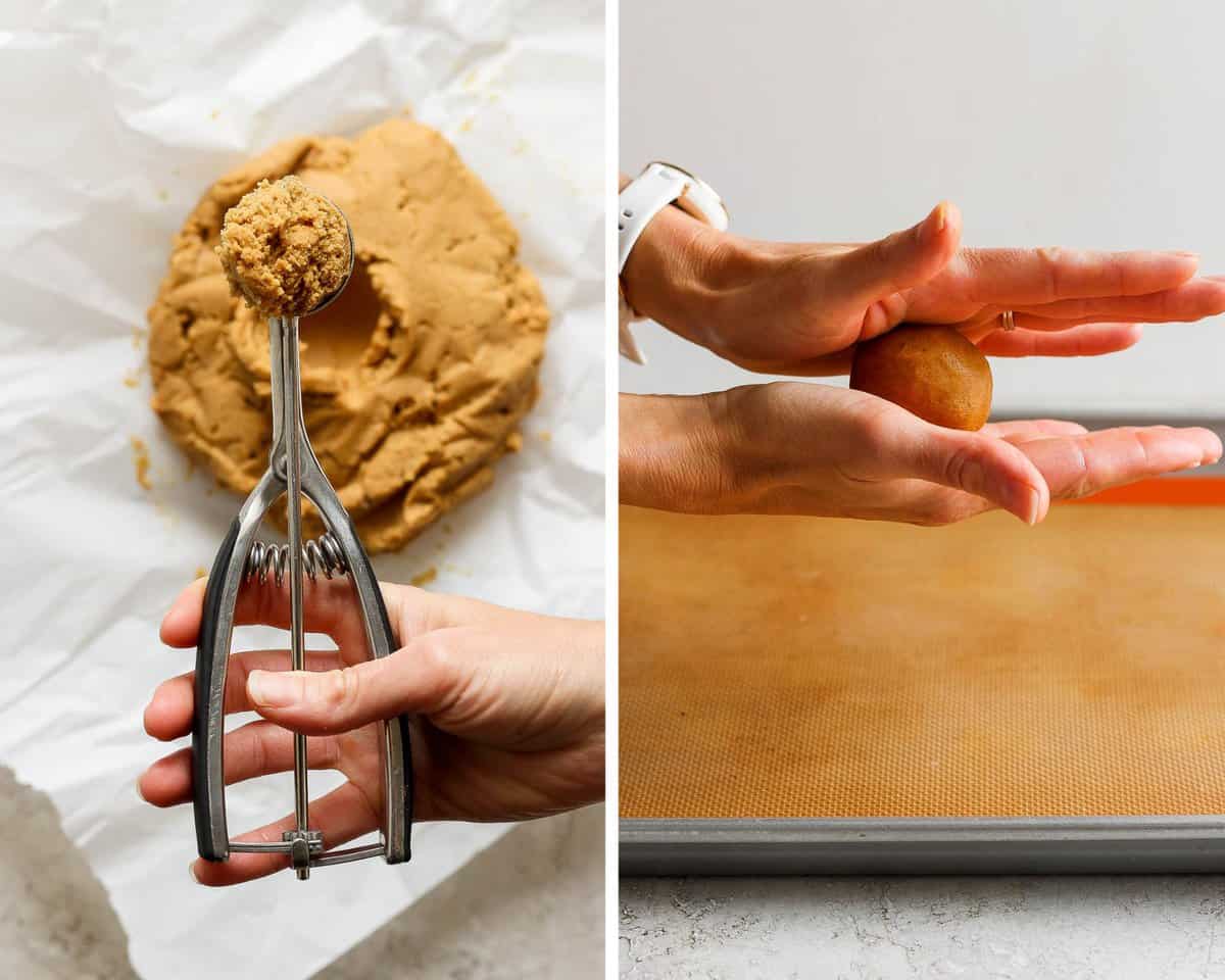 A scoop of the cookie dough in a cookie scooper.  Two hands rolling the dough into a ball about the size of a golf ball.