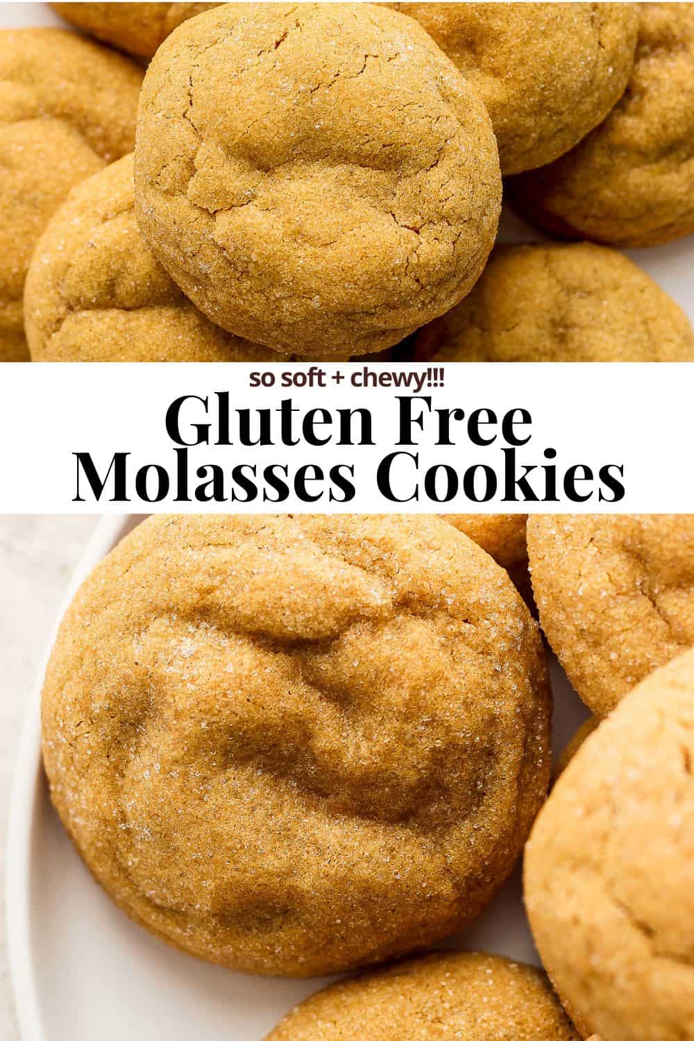 Pinterest image showing gluten free molasses cookies on a plate with the title "gluten free molasses cookies. so soft and chewy!!