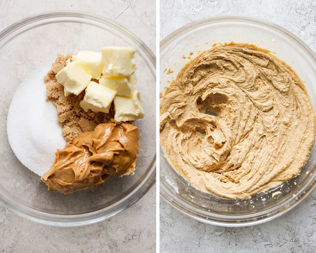 Two images showing the butter, peanut butter, brown sugar, and cane sugar separate in a glass bowl and then mixed together.
