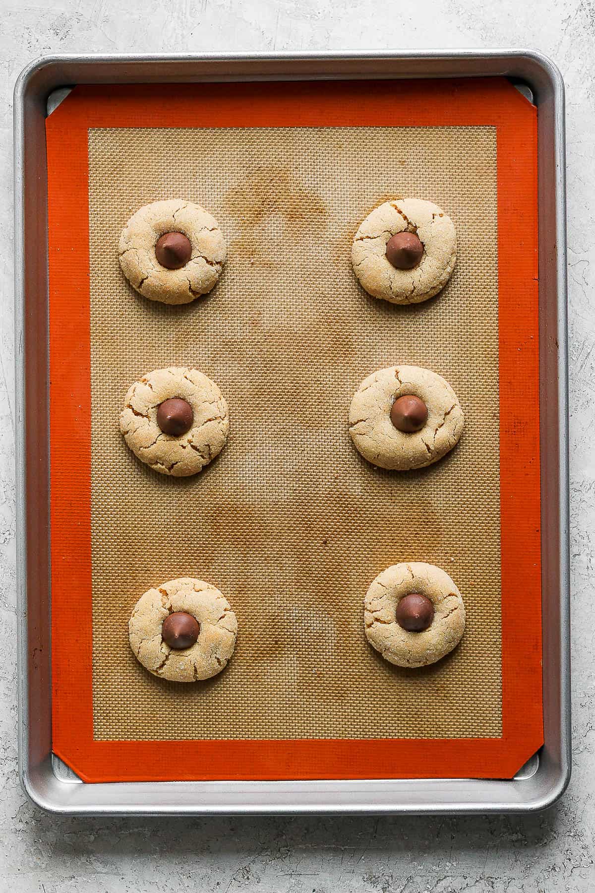 Gluten free peanut butter blossoms on a baking sheet after baking and with the chocolate kiss in the middle.