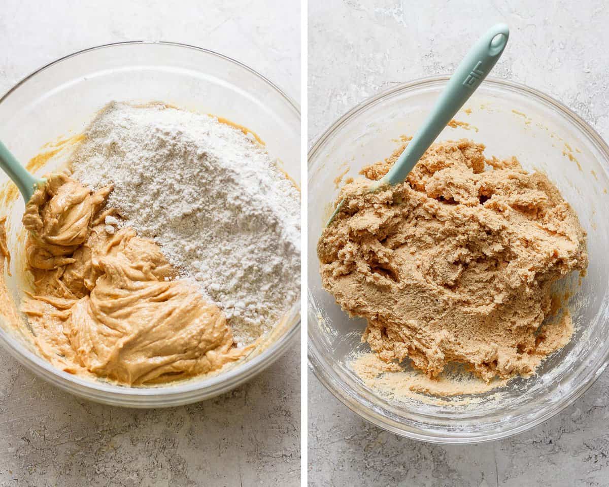 Two images showing the dry ingredients added to the wet ingredients and then the dough fully mixed.