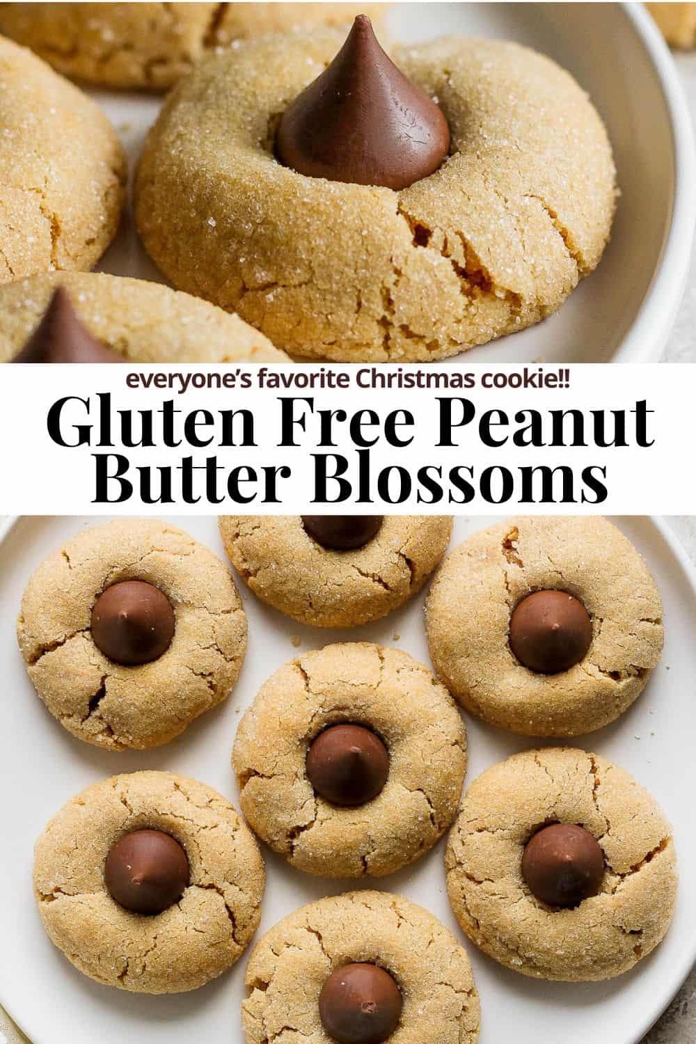 Pinterest image for gluten-free peanut butter blossoms.