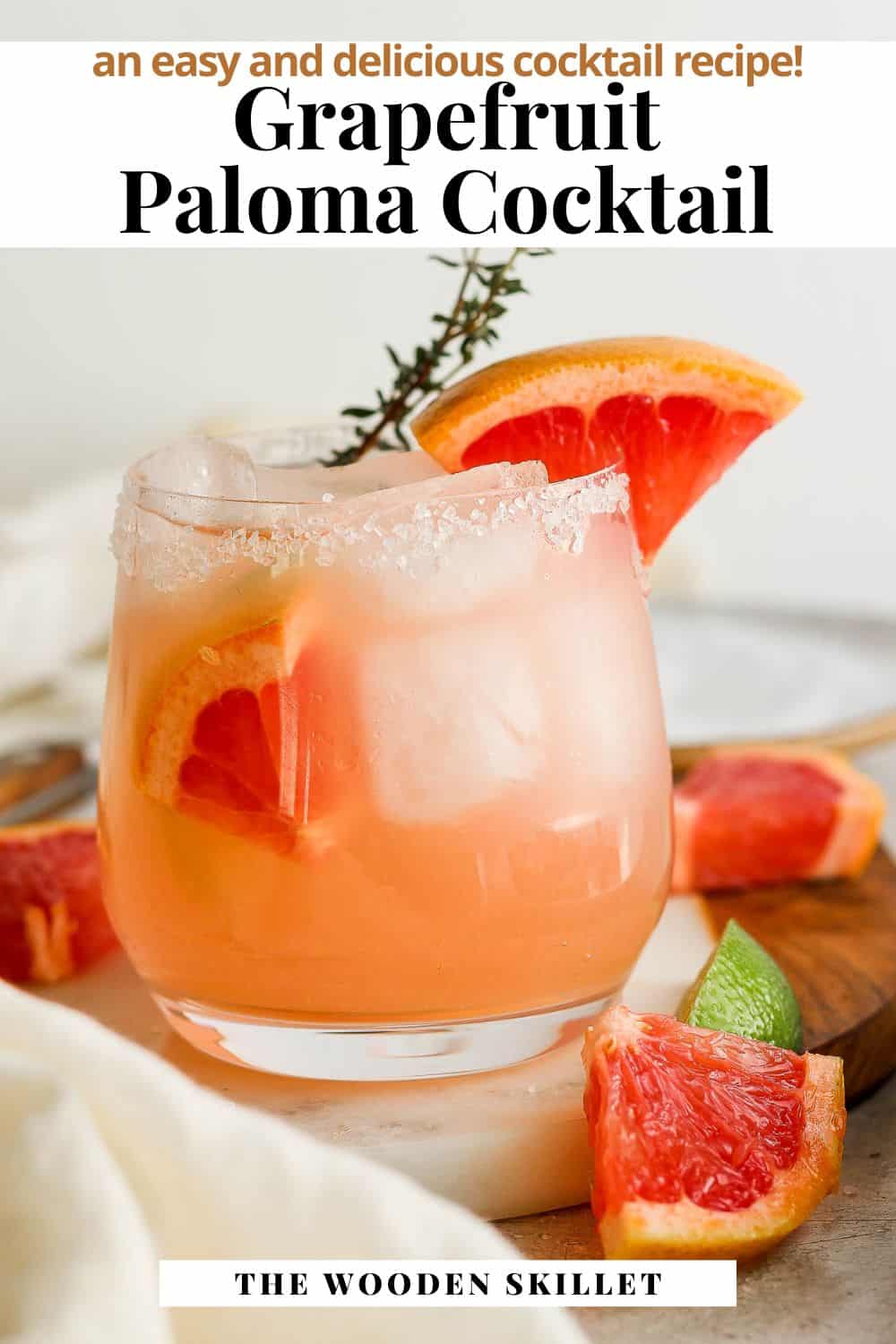 Pinterest image showing a grapefruit paloma with the title "grapefruit paloma cocktail. An easy and delicious cocktail recipe!"