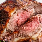 Close up shot of a sliced grilled prime rib.