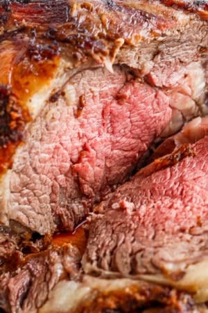 Close up shot of a sliced grilled prime rib.