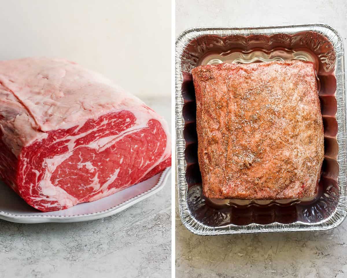 Two images showing the raw rib roast on a plate and then in a roasting basket with seasoning on it.