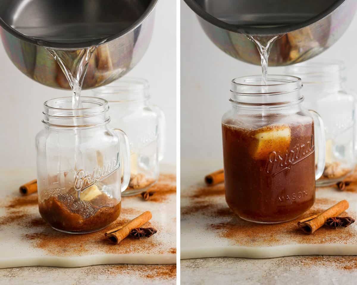 Two images showing the ingredients in the mug and then with the hot water being poured in.