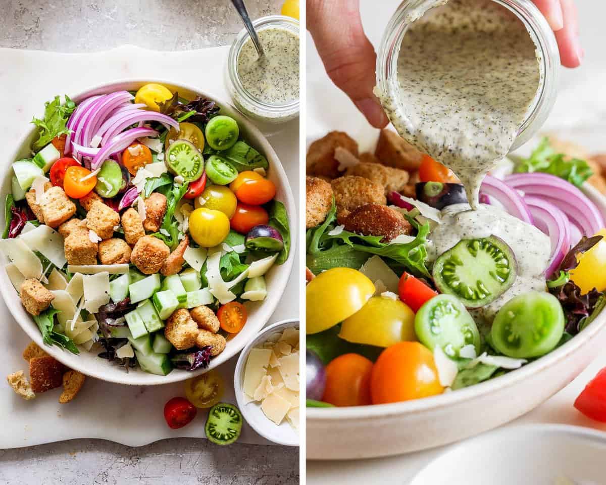 Two images showing a fully assembled house salad in a white bowl and then with dressing being poured on top.