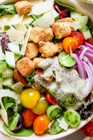 Top down shot of a bowl filled with a house salad with greens, onions, tomatoes, croutons and parmesan cheese.
