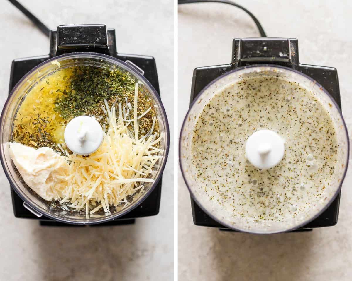 Two images showing the house salad dressing in a food processor before blending and after blending.