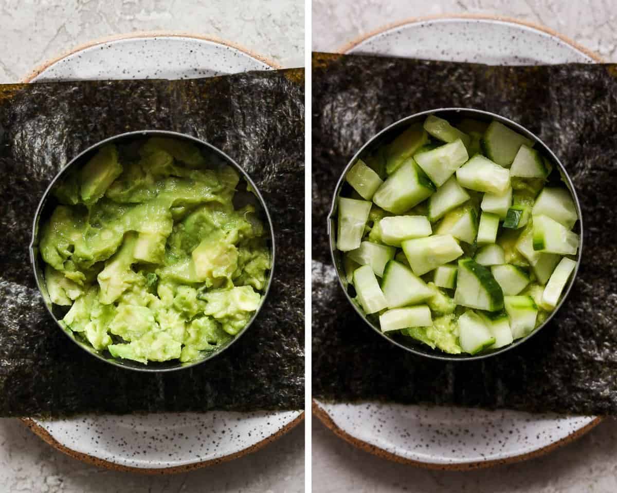 Two shots side by side showing adding layers of guacamole and cucumber. 