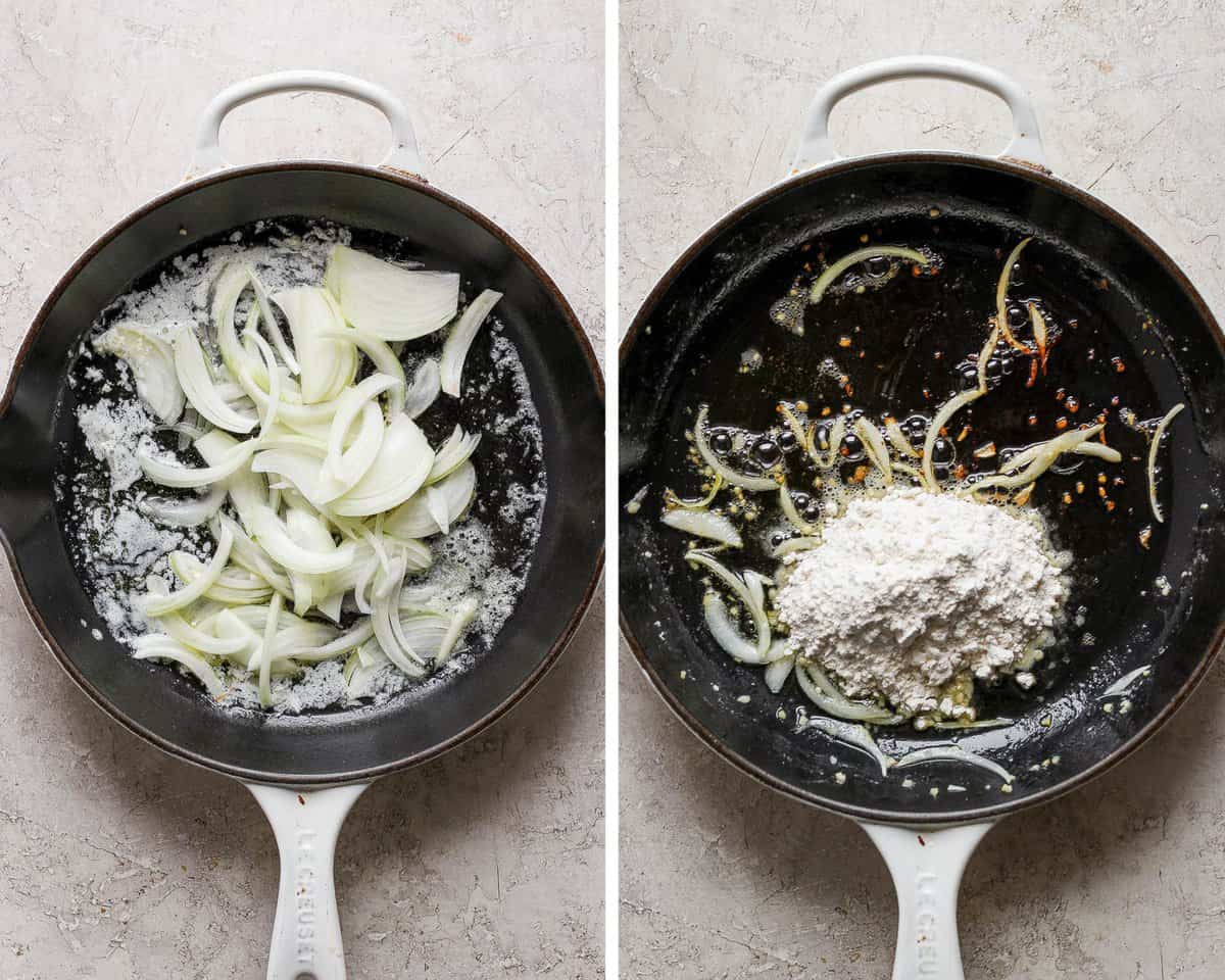 Two images showing the garlic and onion sautéing in a skillet and then the flour added.
