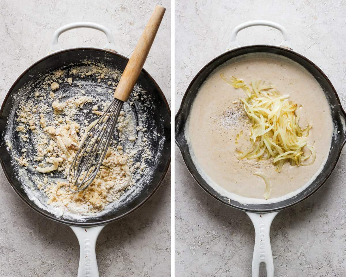 Two images showing the whisk mixing the roux and then the onions, salt, and pepper added to the creamy sauce.