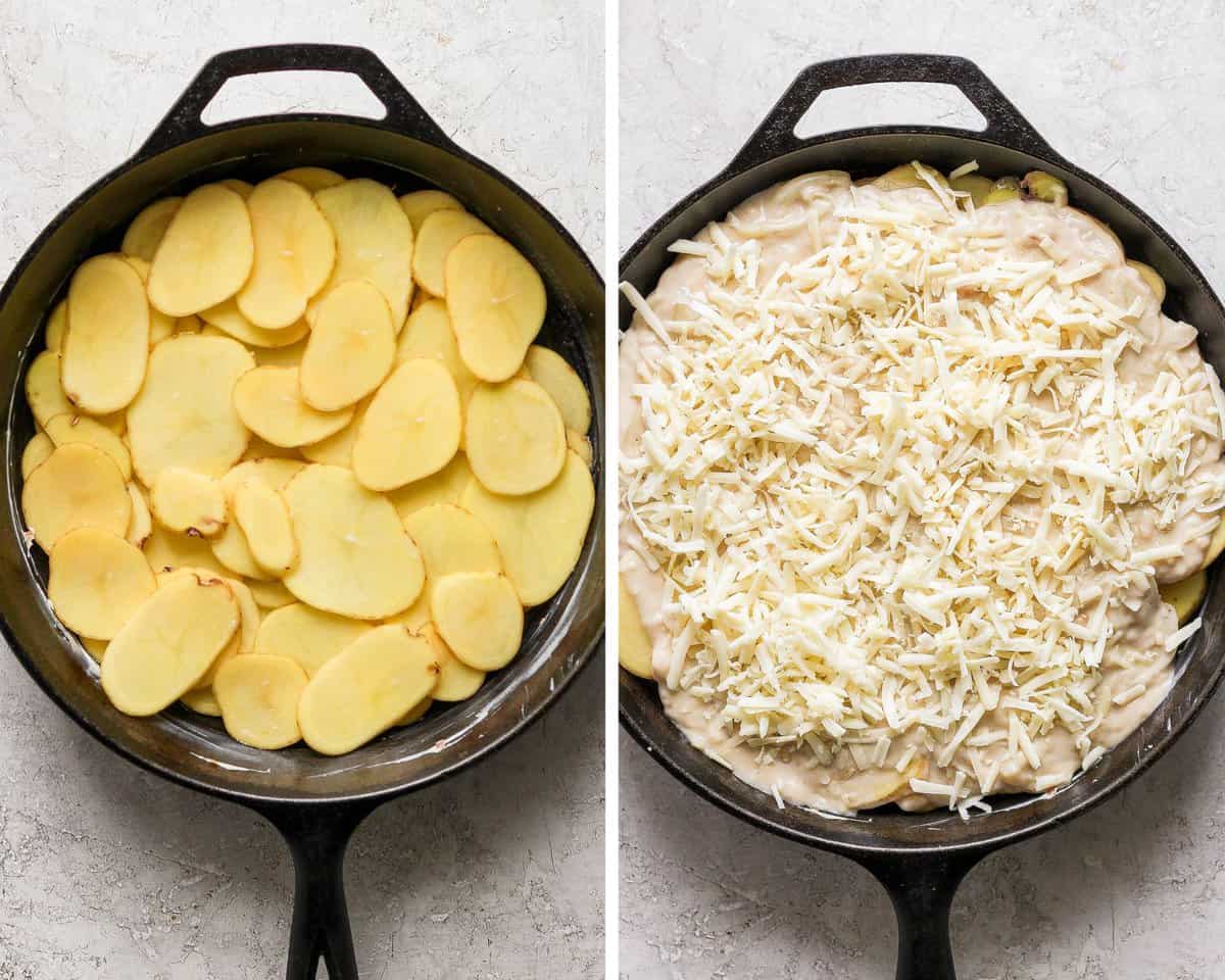 Two images showing the sliced potatoes in the bottom of the skillet and then the fully layered potatoes au gratin before baking.