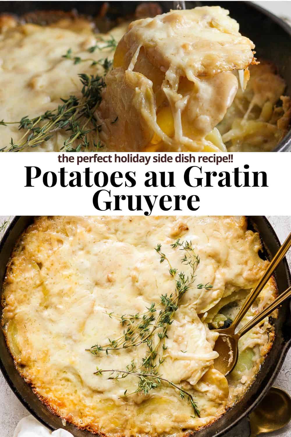 Pinterest image for potatoes au gratin gruyere.