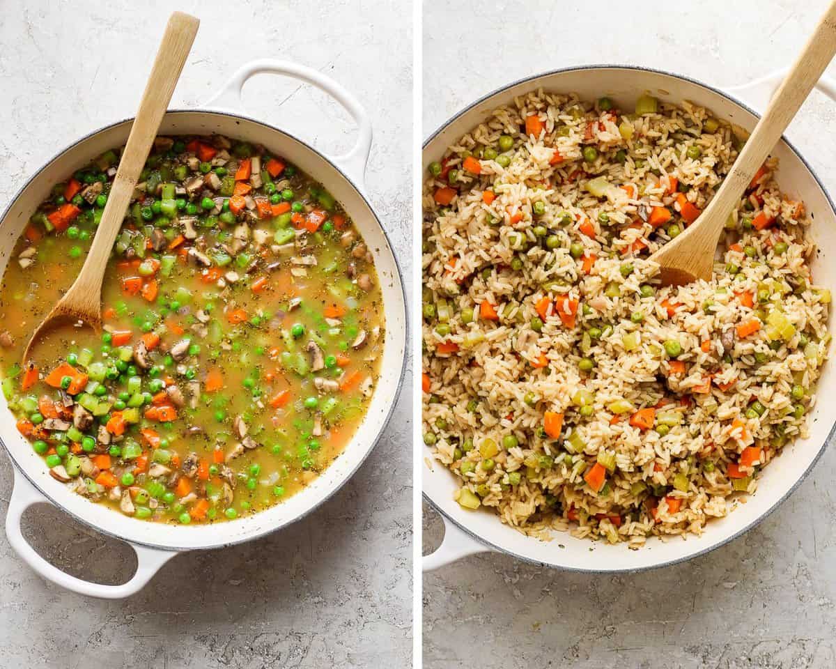 Two images showing everything mixed together and then the fully cooked rice pilaf after simmering.