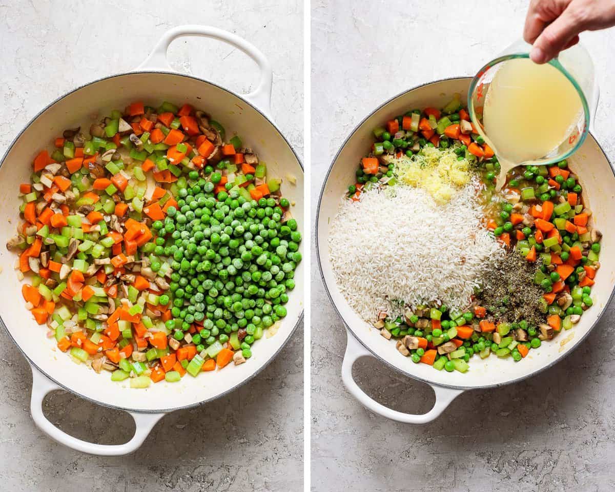 Two images showing the frozen peas added to the pan and then the rest of the ingredients being added.