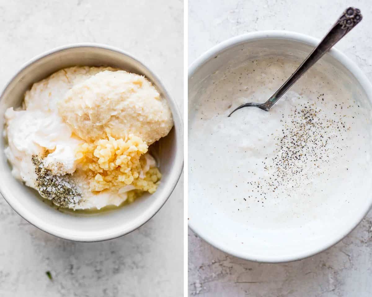 Two images showing the horseradish sauce ingredients in a bowl before being mixed and then after.