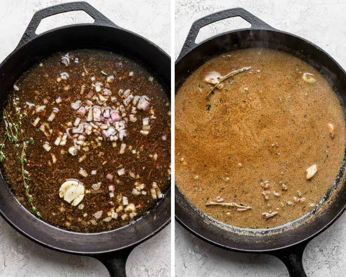 Two images showing the pan sauce ingredients simmering in a skillet before adding the cream and then after.