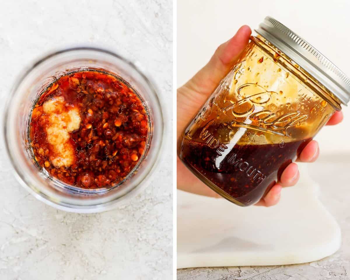 Two images showing the sauce ingredients in a jar and then shaken together.