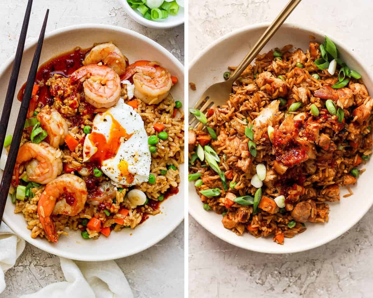 Two images showing bowls of shrimp fried rice and chicken fried rice.