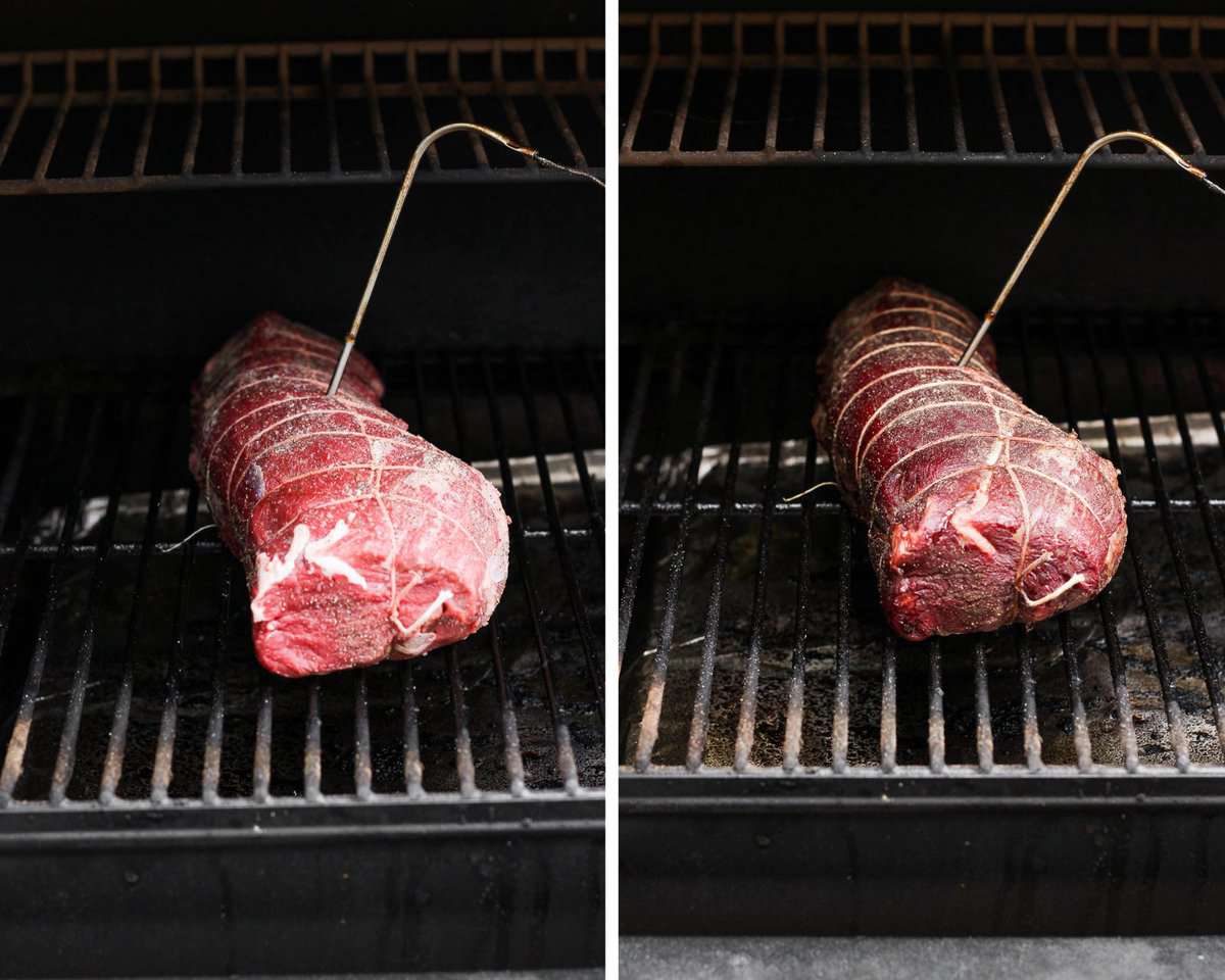 Two images showing the tenderloin on the smoker with a temperature probe in it when it first goes on the grill and towards the end of smoking.
