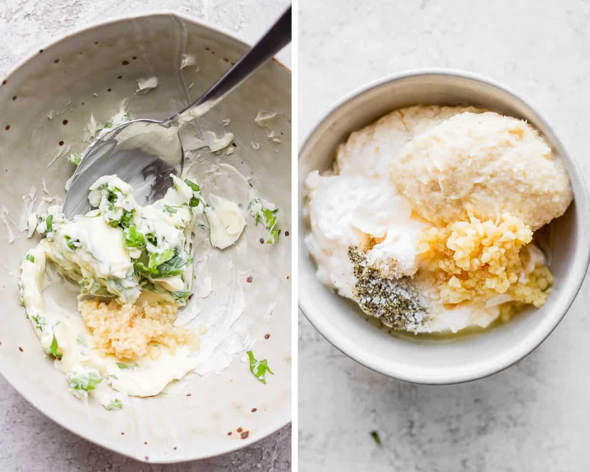 Two images showing the herbed butter and horseradish sauce in separate bowls.