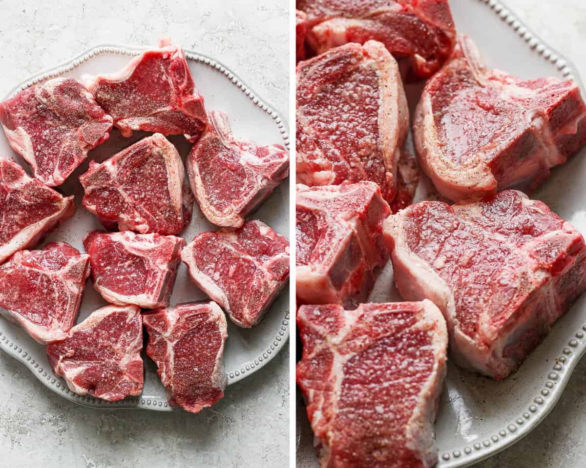 Two images showing the lamb chops on a large plate and then seasoned with salt and pepper.